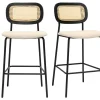 Tabourets design en tissu effet velours texturé beige, métal noir et cannage rotin (lot de 2) MIRANDA