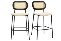 Tabourets design en tissu effet velours texturé beige, métal noir et cannage rotin (lot de 2) MIRANDA