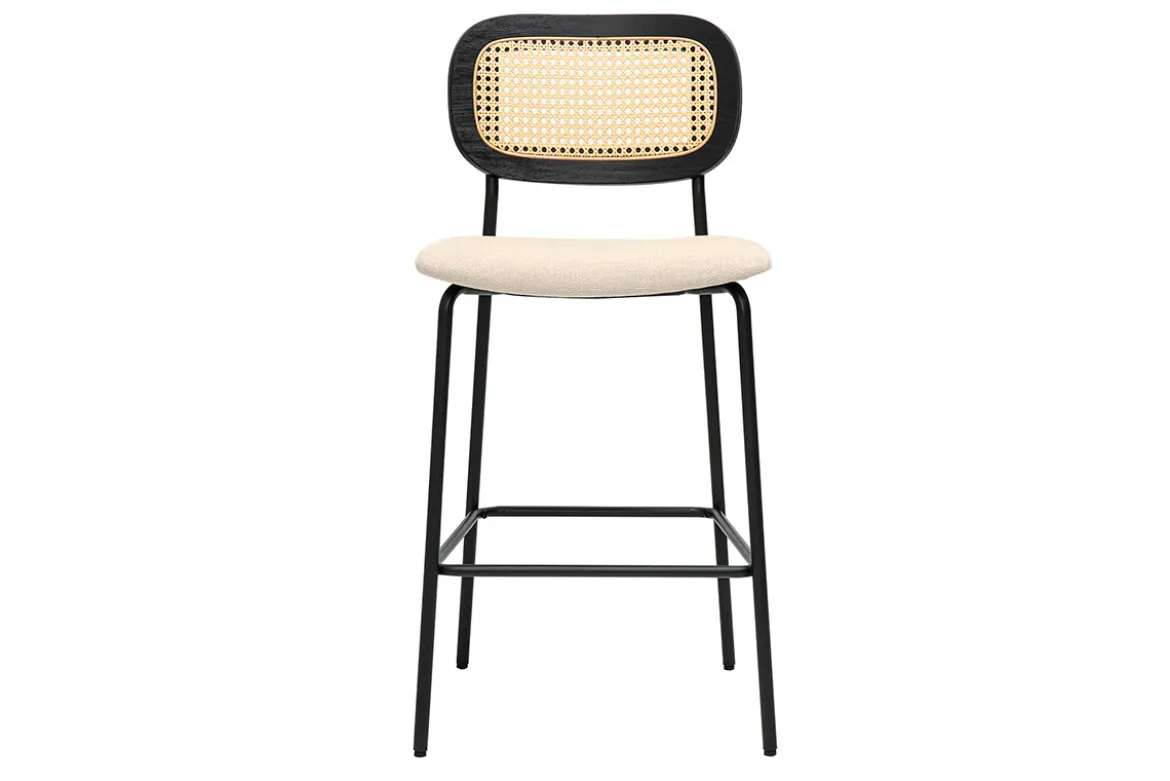 Tabourets design en tissu effet velours texturé beige, métal noir et cannage rotin (lot de 2) MIRANDA