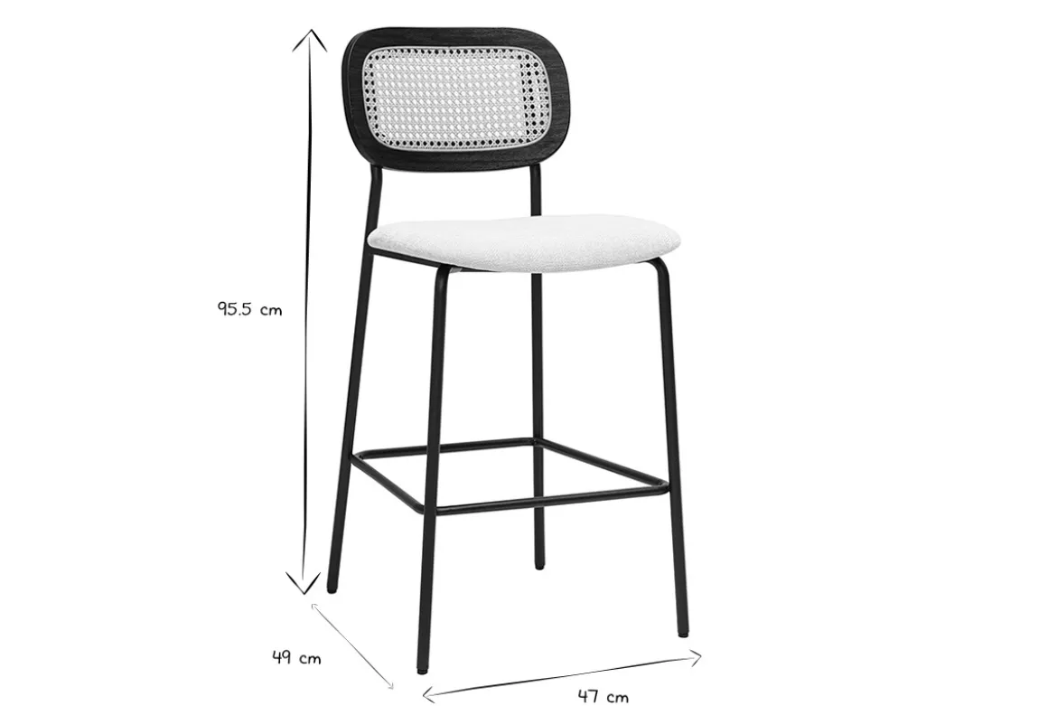 Tabourets design en tissu effet velours texturé beige, métal noir et cannage rotin (lot de 2) MIRANDA