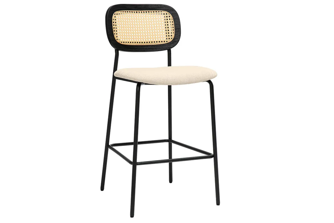 Tabourets design en tissu effet velours texturé beige, métal noir et cannage rotin (lot de 2) MIRANDA