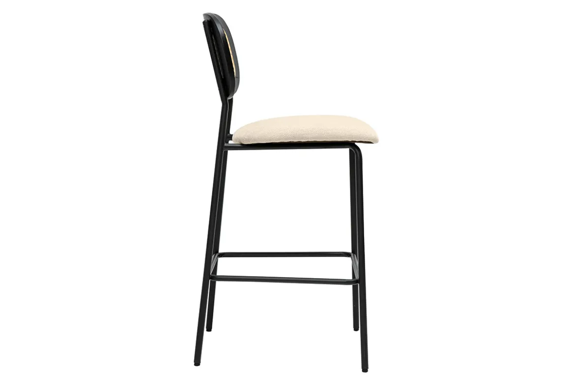 Tabourets design en tissu effet velours texturé beige, métal noir et cannage rotin (lot de 2) MIRANDA