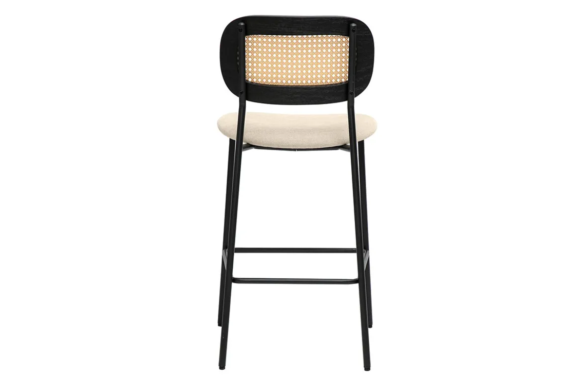 Tabourets design en tissu effet velours texturé beige, métal noir et cannage rotin (lot de 2) MIRANDA