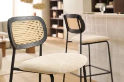 Tabourets design en tissu effet velours texturé beige, métal noir et cannage rotin (lot de 2) MIRANDA