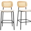 Tabourets design en tissu effet velours texturé beige, métal noir et cannage rotin (lot de 2) MIRANDA