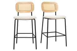 Tabourets design en tissu effet velours texturé beige, métal noir et cannage rotin (lot de 2) MIRANDA