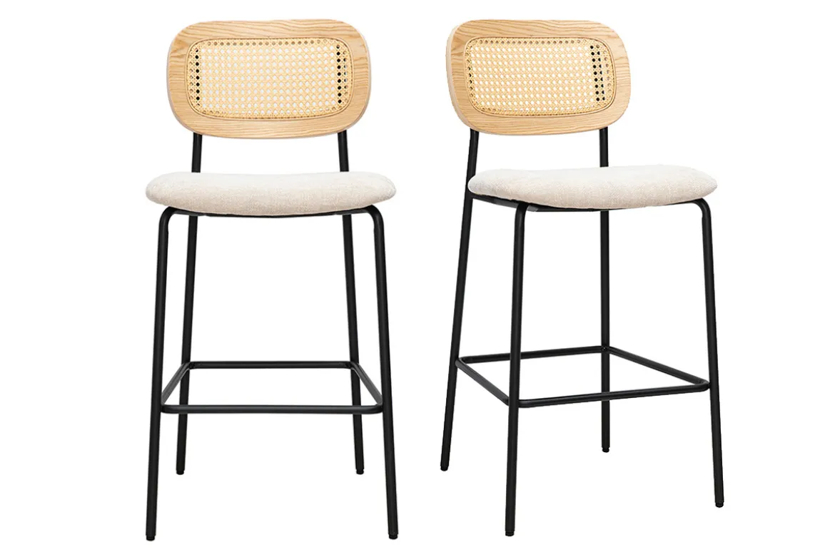 Tabourets design en tissu effet velours texturé beige, métal noir et cannage rotin (lot de 2) MIRANDA