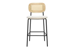 Tabourets design en tissu effet velours texturé beige, métal noir et cannage rotin (lot de 2) MIRANDA