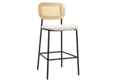 Tabourets design en tissu effet velours texturé beige, métal noir et cannage rotin (lot de 2) MIRANDA