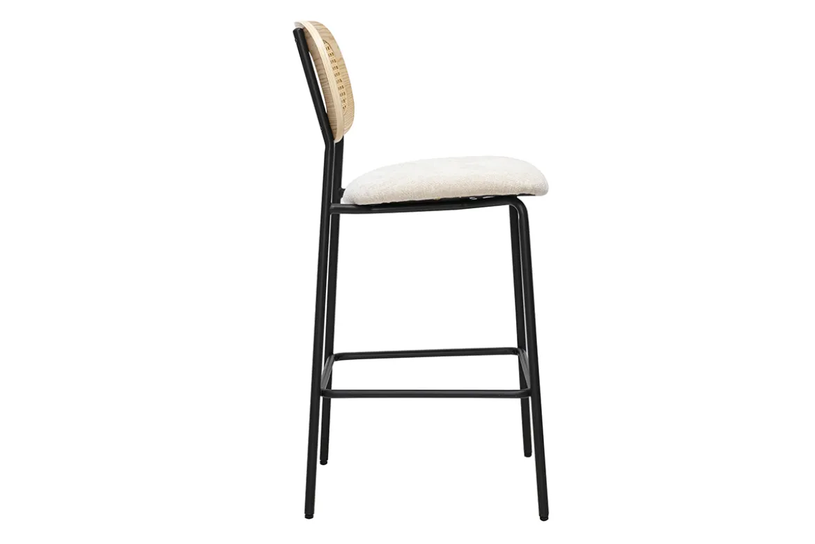 Tabourets design en tissu effet velours texturé beige, métal noir et cannage rotin (lot de 2) MIRANDA