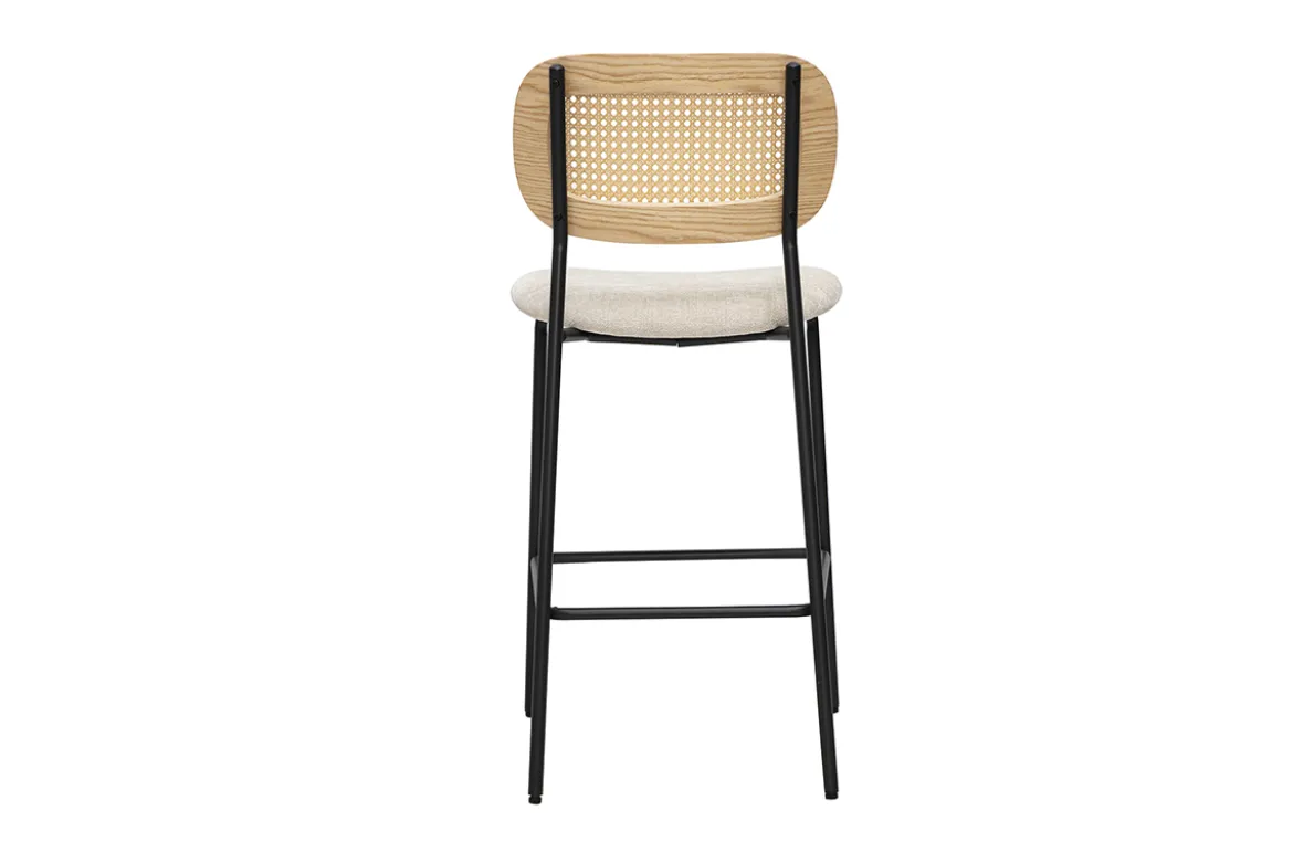 Tabourets design en tissu effet velours texturé beige, métal noir et cannage rotin (lot de 2) MIRANDA