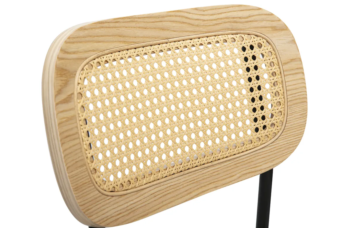 Tabourets design en tissu effet velours texturé beige, métal noir et cannage rotin (lot de 2) MIRANDA