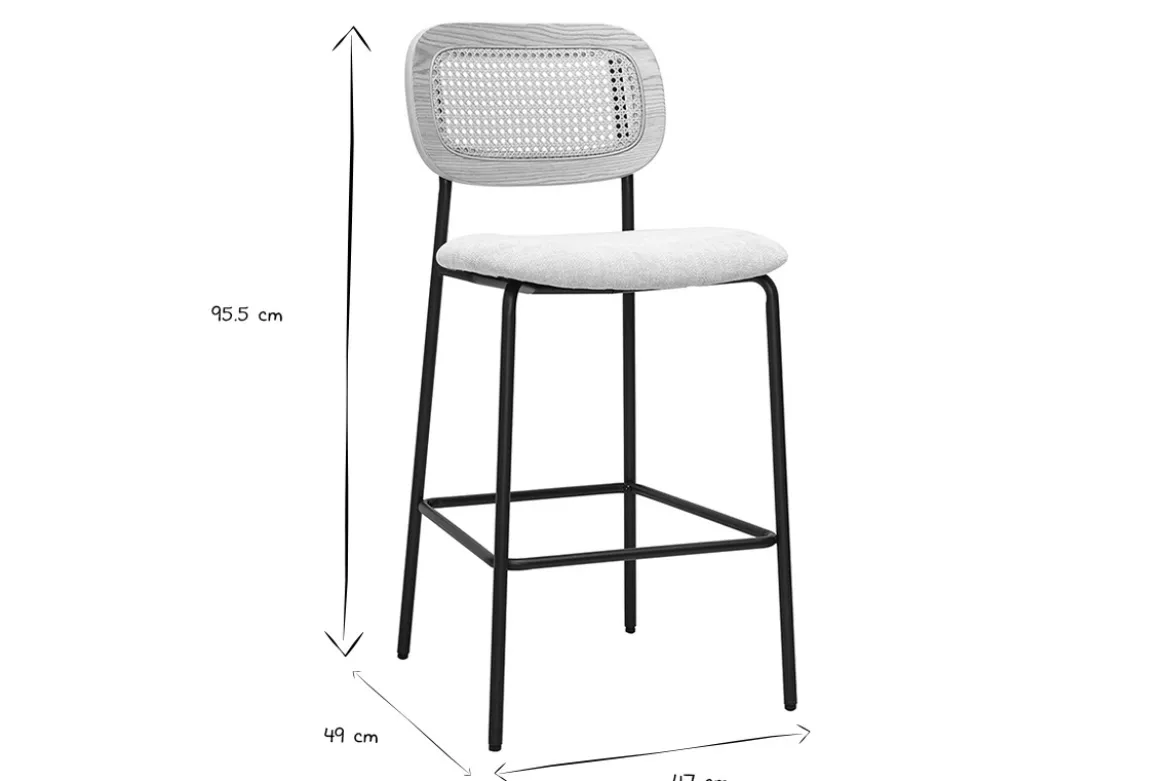Tabourets design en tissu effet velours texturé beige, métal noir et cannage rotin (lot de 2) MIRANDA