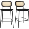 Tabourets design en velours noir, métal noir et cannage rotin (lot de 2) MIRANDA