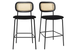 Tabourets design en velours noir, métal noir et cannage rotin (lot de 2) MIRANDA