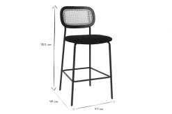 Tabourets design en velours noir, métal noir et cannage rotin (lot de 2) MIRANDA