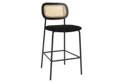 Tabourets design en velours noir, métal noir et cannage rotin (lot de 2) MIRANDA