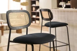 Tabourets design en velours noir, métal noir et cannage rotin (lot de 2) MIRANDA