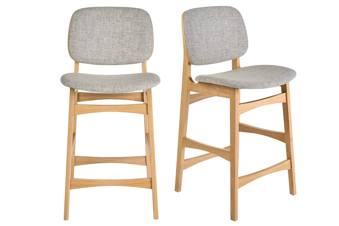 Tabourets scandinaves en bois clair frêne et tissu gris clair H66 cm (lot de 2) SOQUETTE