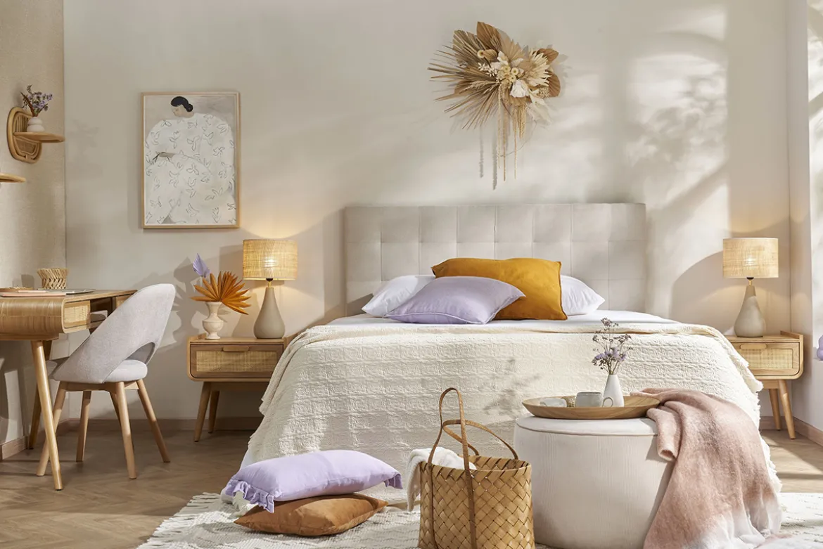 Tête de lit capitonnée en tissu beige clair naturel L160 cm HALCIONA