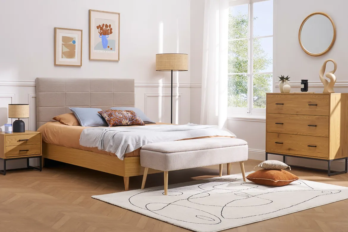 Tête de lit moderne en tissu beige naturel L160 cm ANATOLE