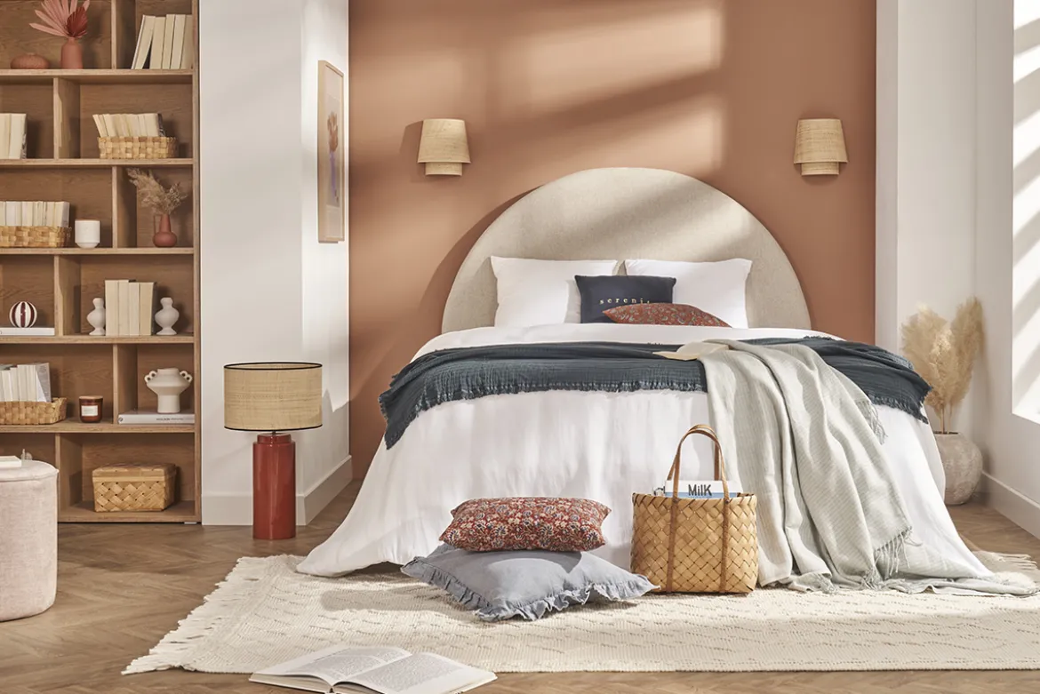 Tête de lit ronde en tissu beige L160 cm NAOMY