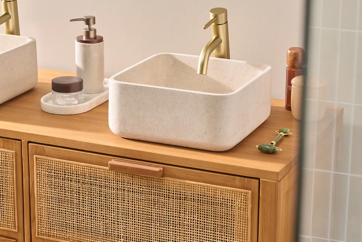 Vasque carrée en pierre naturelle beige L30 cm FENG