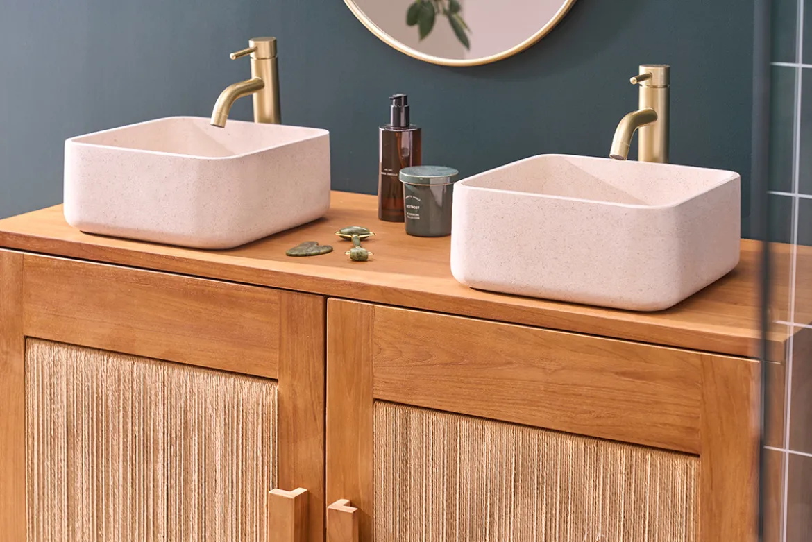 Vasque carrée en pierre naturelle beige L30 cm FENG