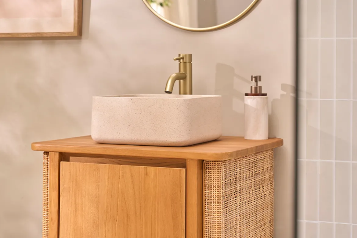 Vasque carrée en pierre naturelle beige L30 cm FENG