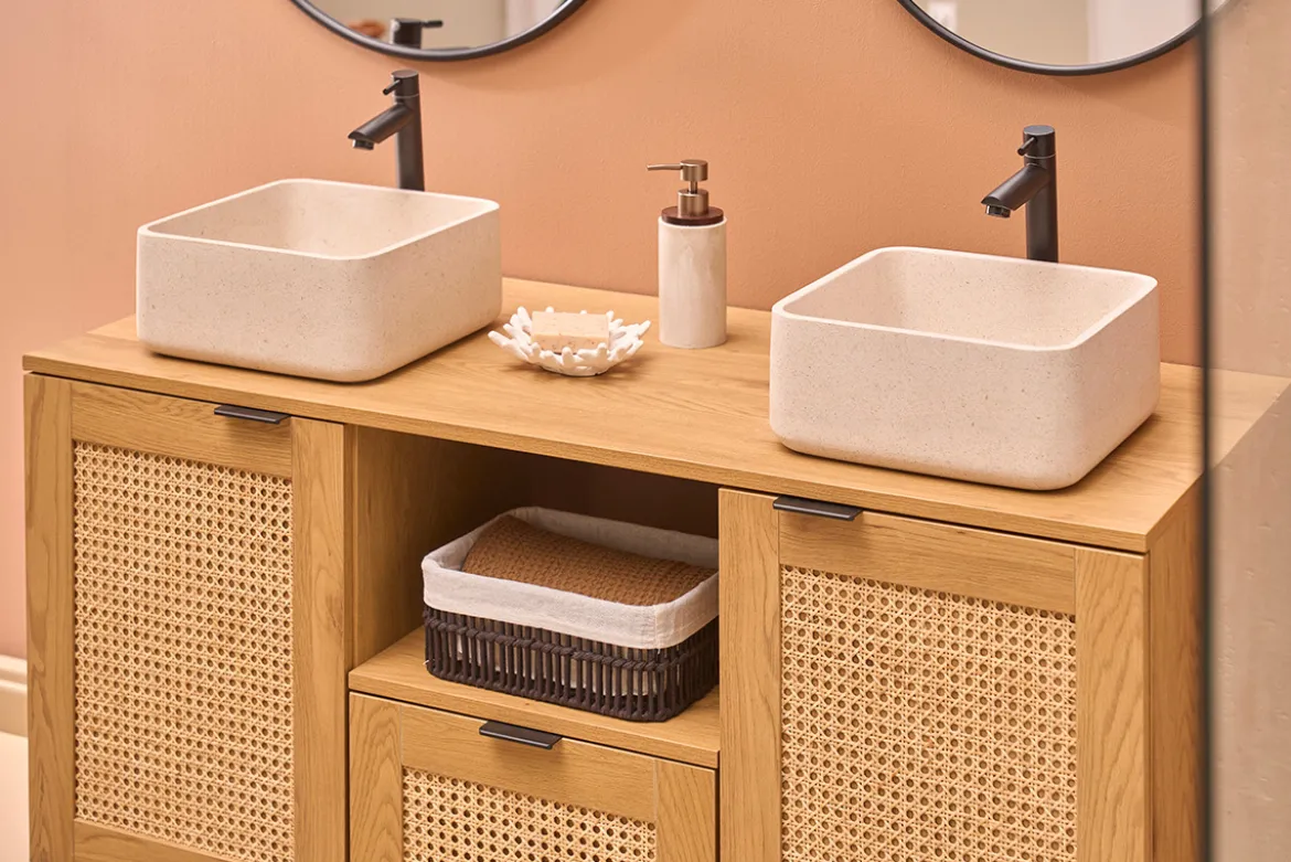 Vasque carrée en pierre naturelle beige L30 cm FENG