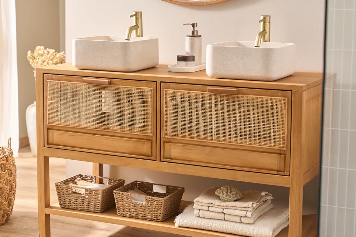 Vasque carrée en pierre naturelle beige L30 cm FENG