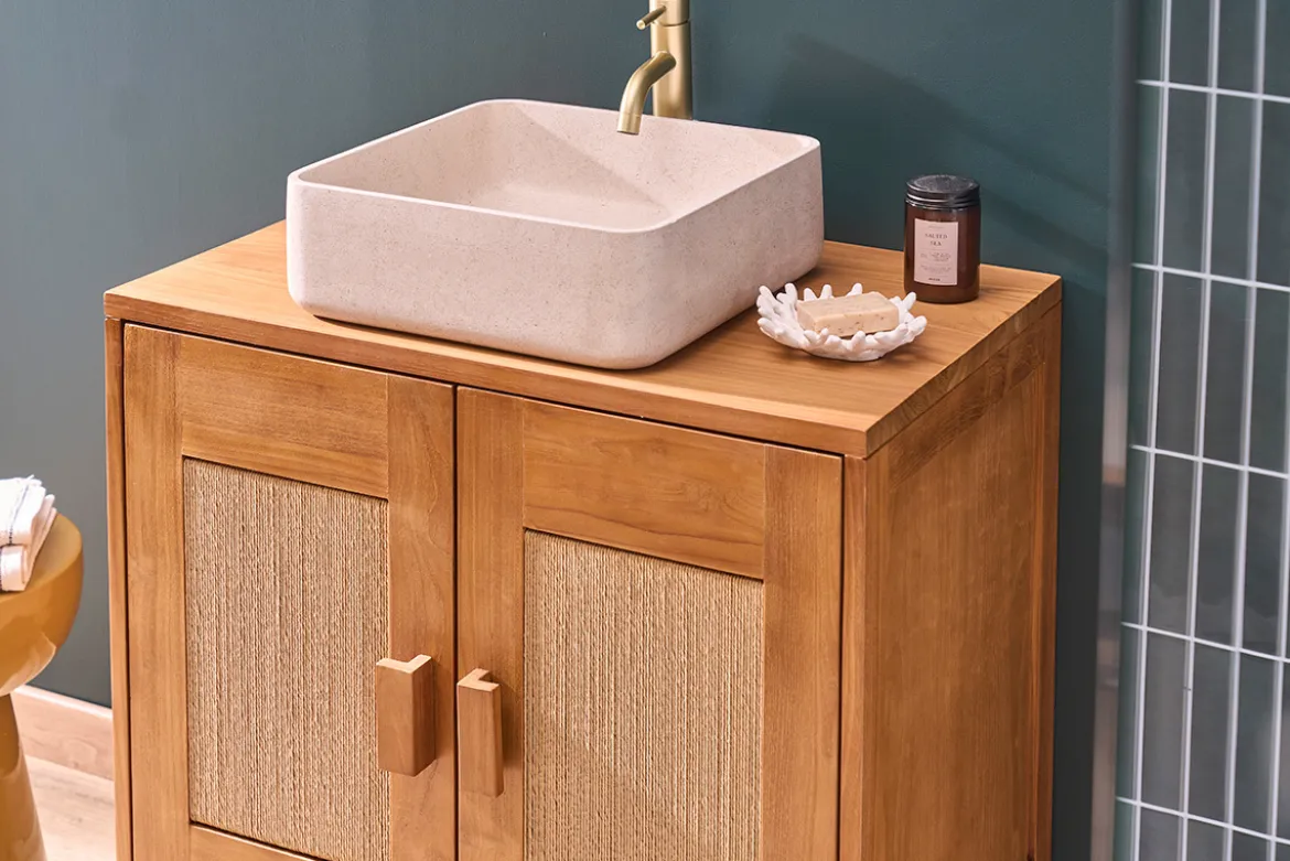 Vasque carrée en pierre naturelle beige L40 cm FENG
